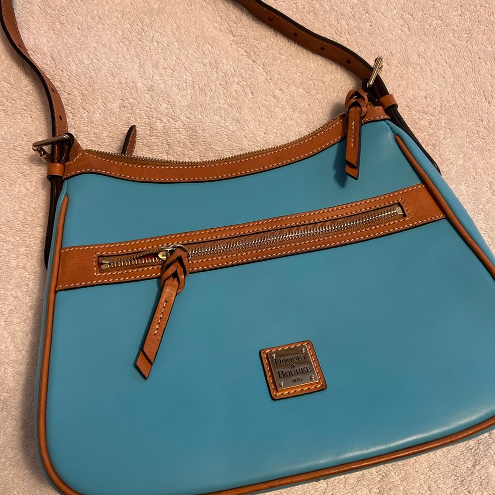 Dooney & Bourke Leather Turquoise Shoulder Bag with brown trim